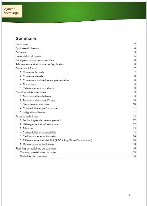 Sommaire d'un modèle de cahier des charges de création d'une application mobile