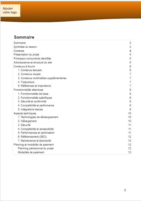 Sommaire d'un modèle de cahier des charges de création de site web à télécharger