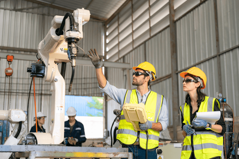 Techniciens de maintenance teste un robot collaboratif