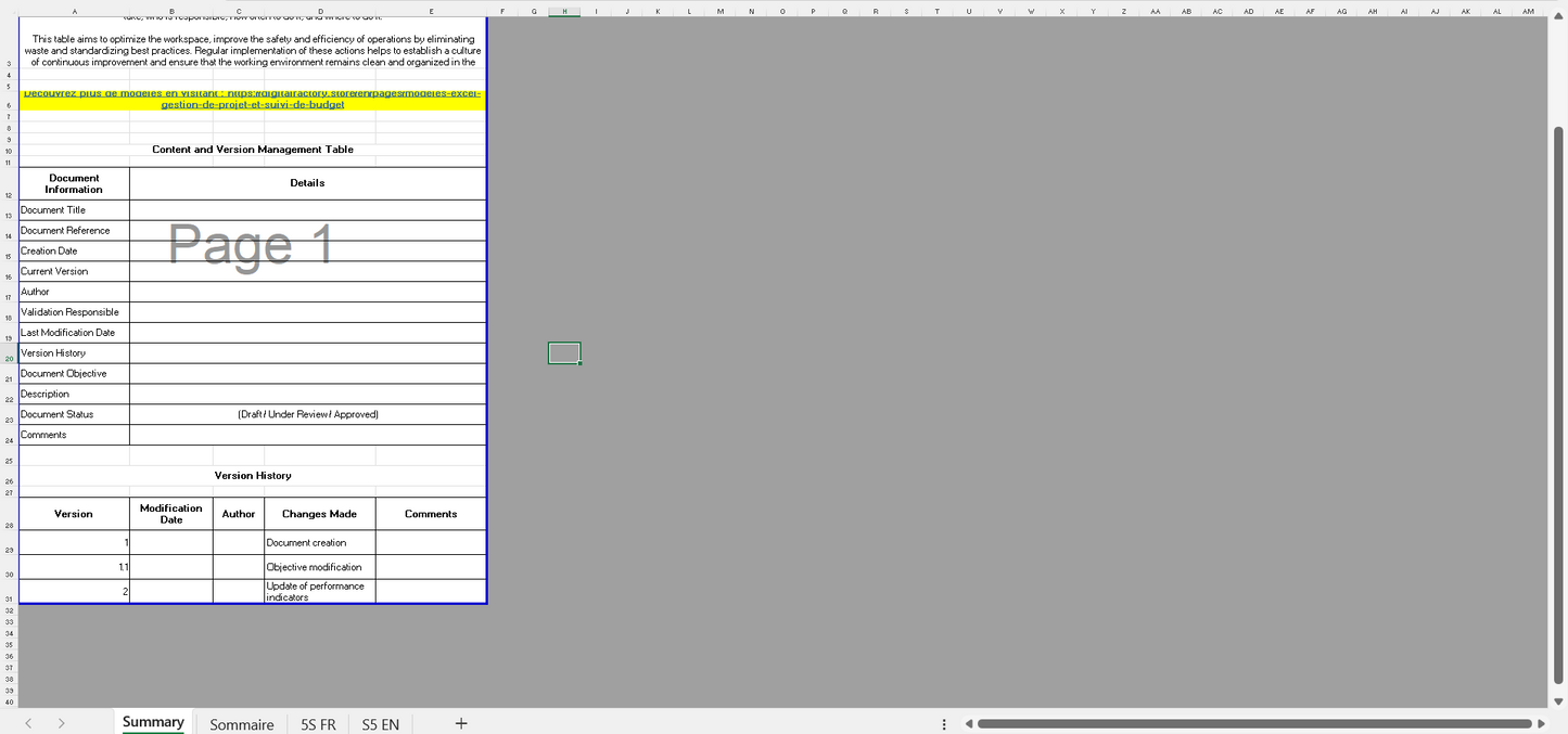 Template Excel pour mise en place du 5S en entreprise / Excel template for implementing 5S in the workplace