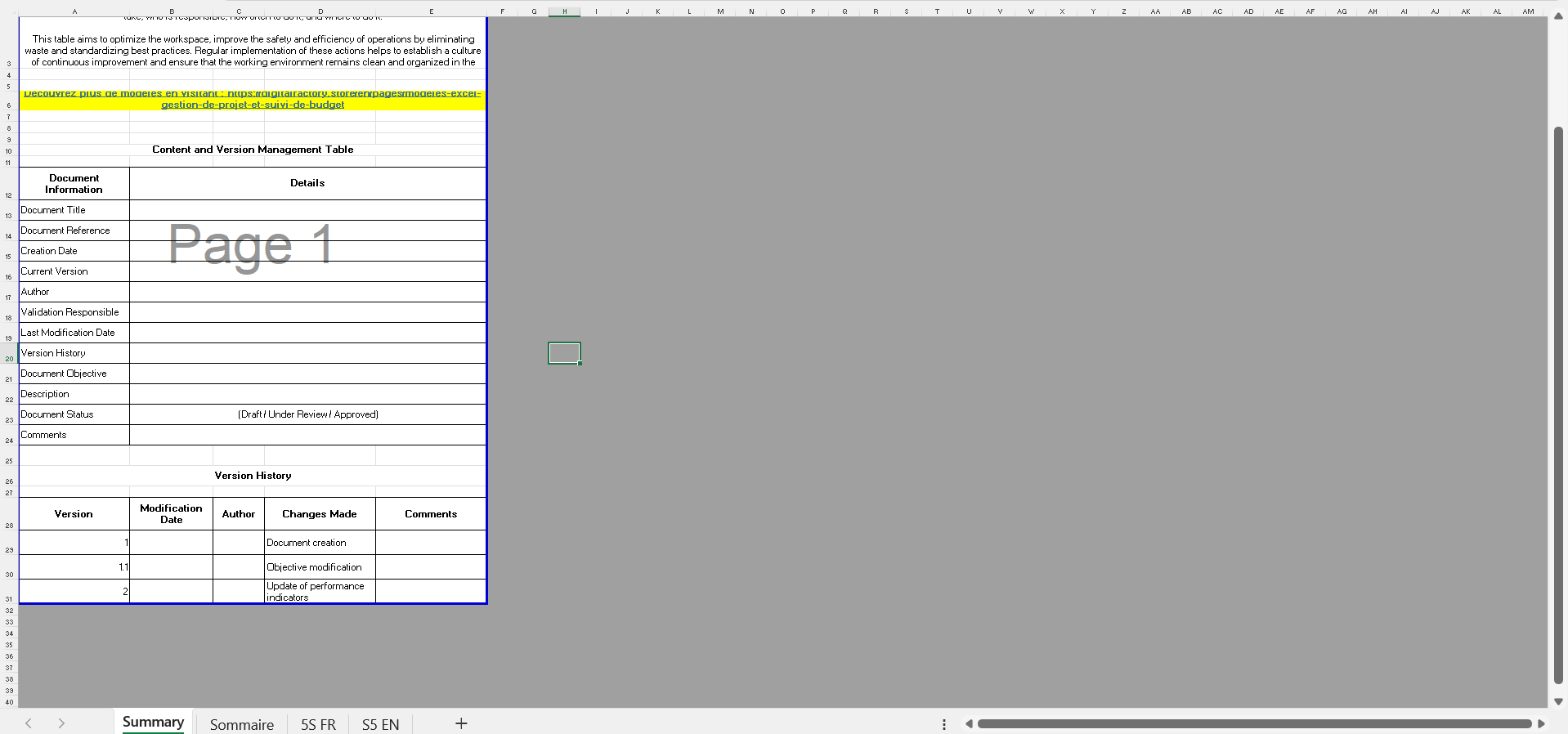 Template Excel pour mise en place du 5S en entreprise / Excel template for implementing 5S in the workplace