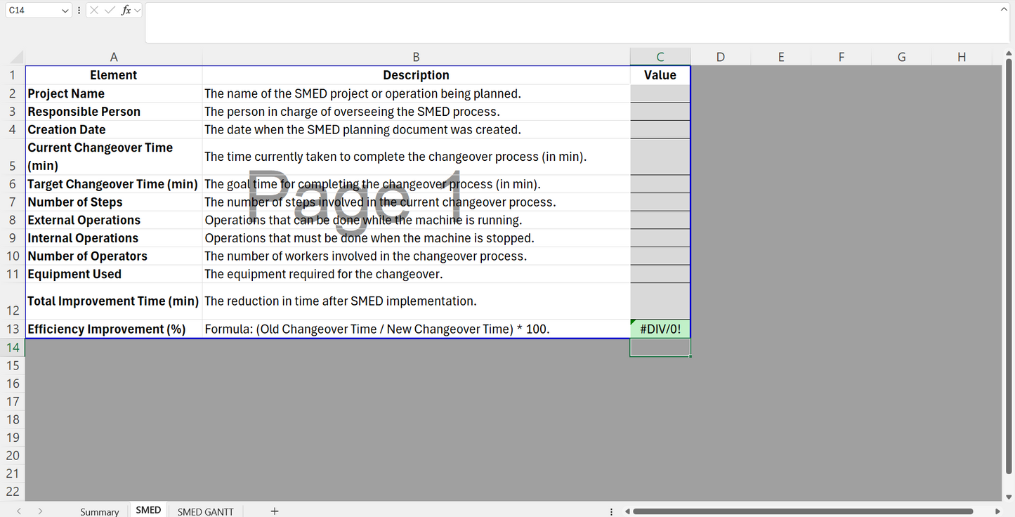 Template SMED Excel showcasing production changeover metrics and efficiency improvement calculations.