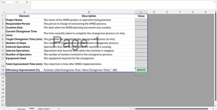 SMED Excel Method Template Manage Series Changes