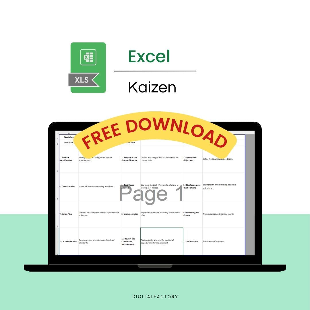 Kaizen process flow chart for Excel - Template for continuous improvement | Diagramme de processus Kaizen pour Excel - Modèle pour amélioration continue