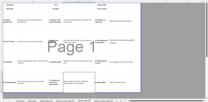 Kaizen report with action plan - Excel sheet for process optimization | Rapport Kaizen avec plan d'action - Feuille Excel pour optimisation des processus