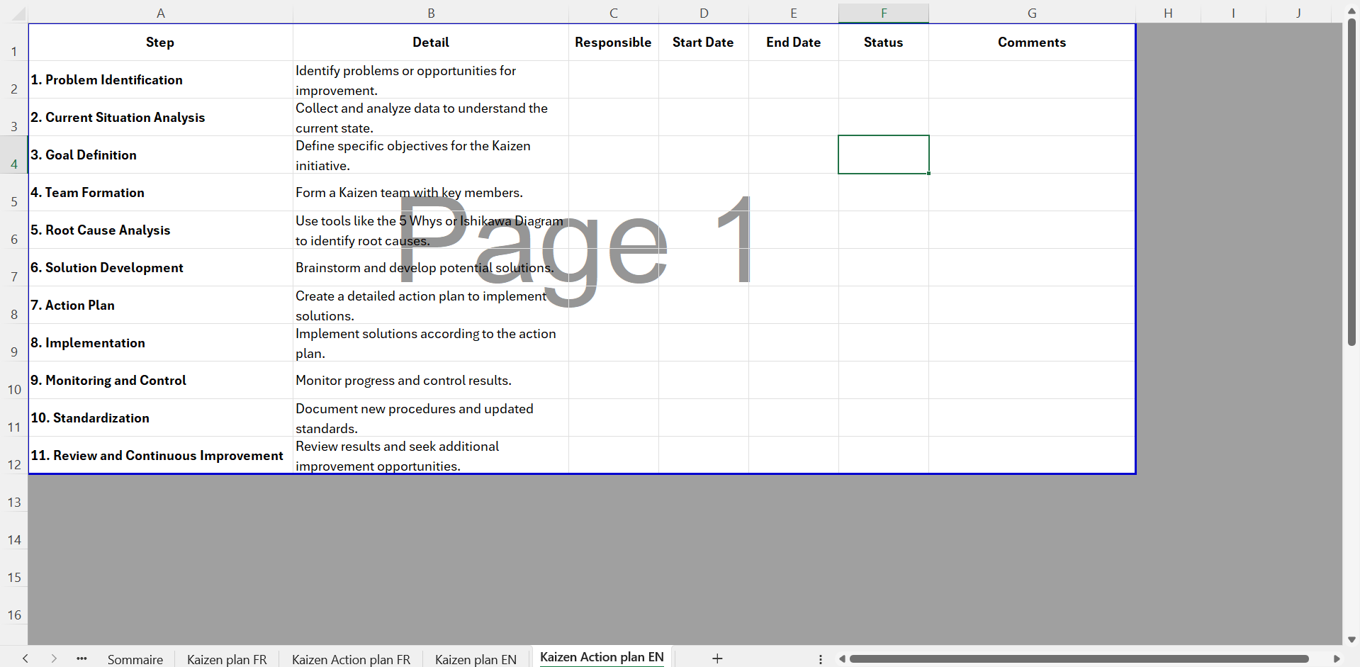 Kaizen method steps in Excel - Tool for effective process improvement | Étapes de la méthode Kaizen dans Excel - Outil pour amélioration efficace des processus