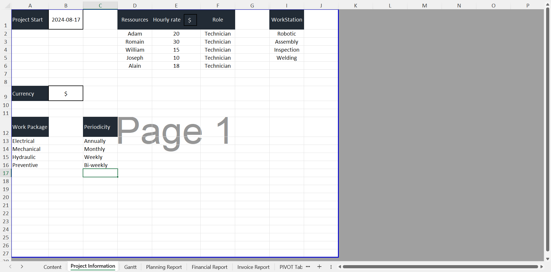 Modèle Excel de G gestion de maintenance affichant les rôles, taux horaires et périodicité des tâches