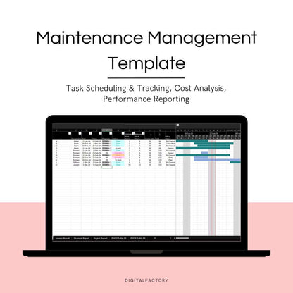 Modèle Excel de Gestion de Maintenance affiché sur un ordinateur portable pour la planification, suivi et analyse de coûts.