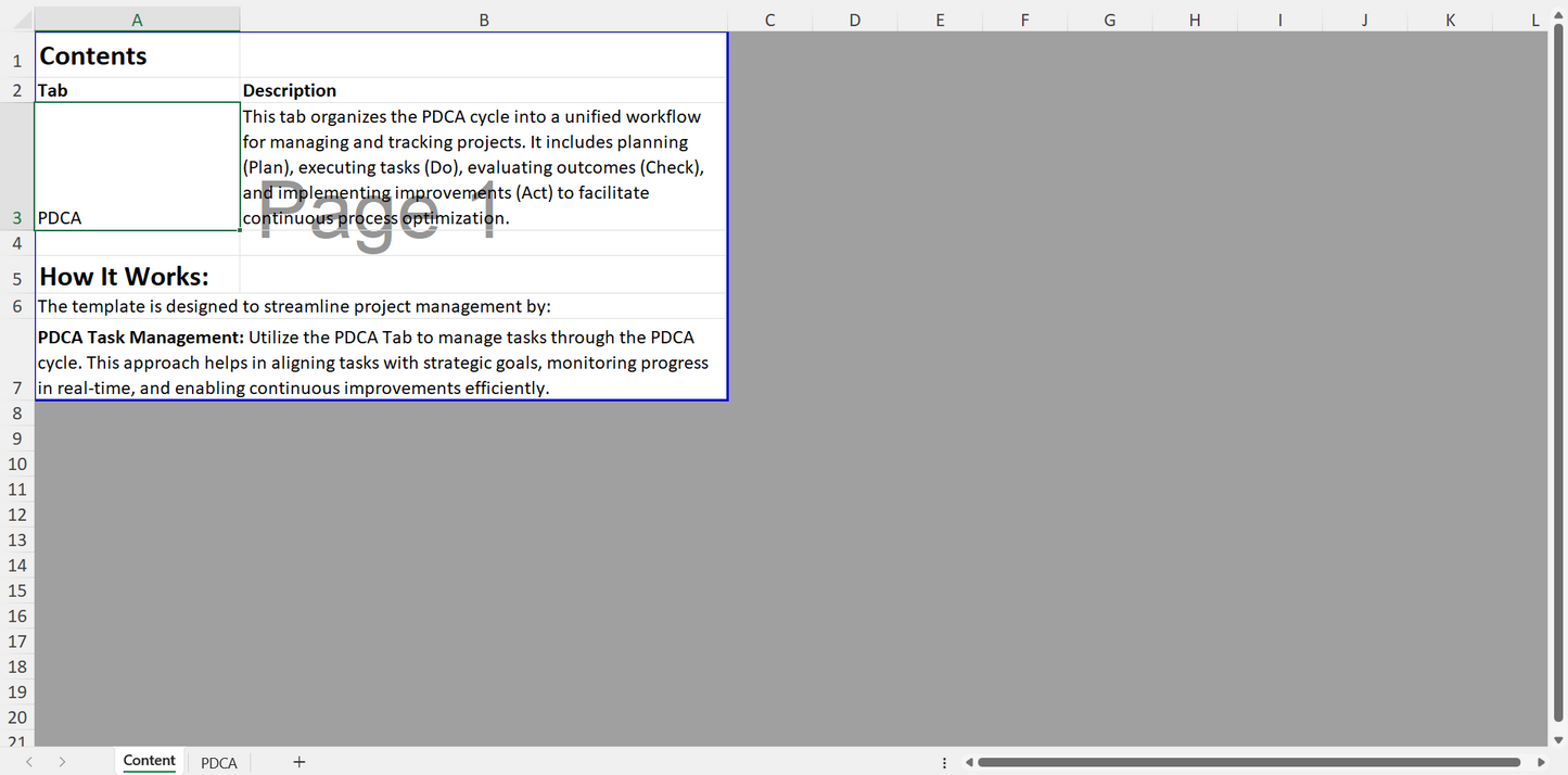 Exemple de Roue de Deming dans un tableau Excel / Example of Deming Wheel in an Excel spreadsheet.