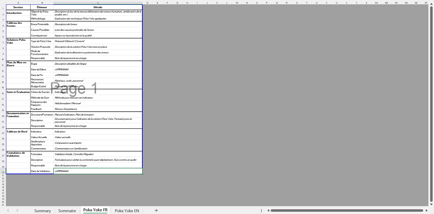 Comprehensive Poka Yoke Excel Sheet for Industrial Use / Feuille Excel Poka Yoke Complète pour Usage Industriel