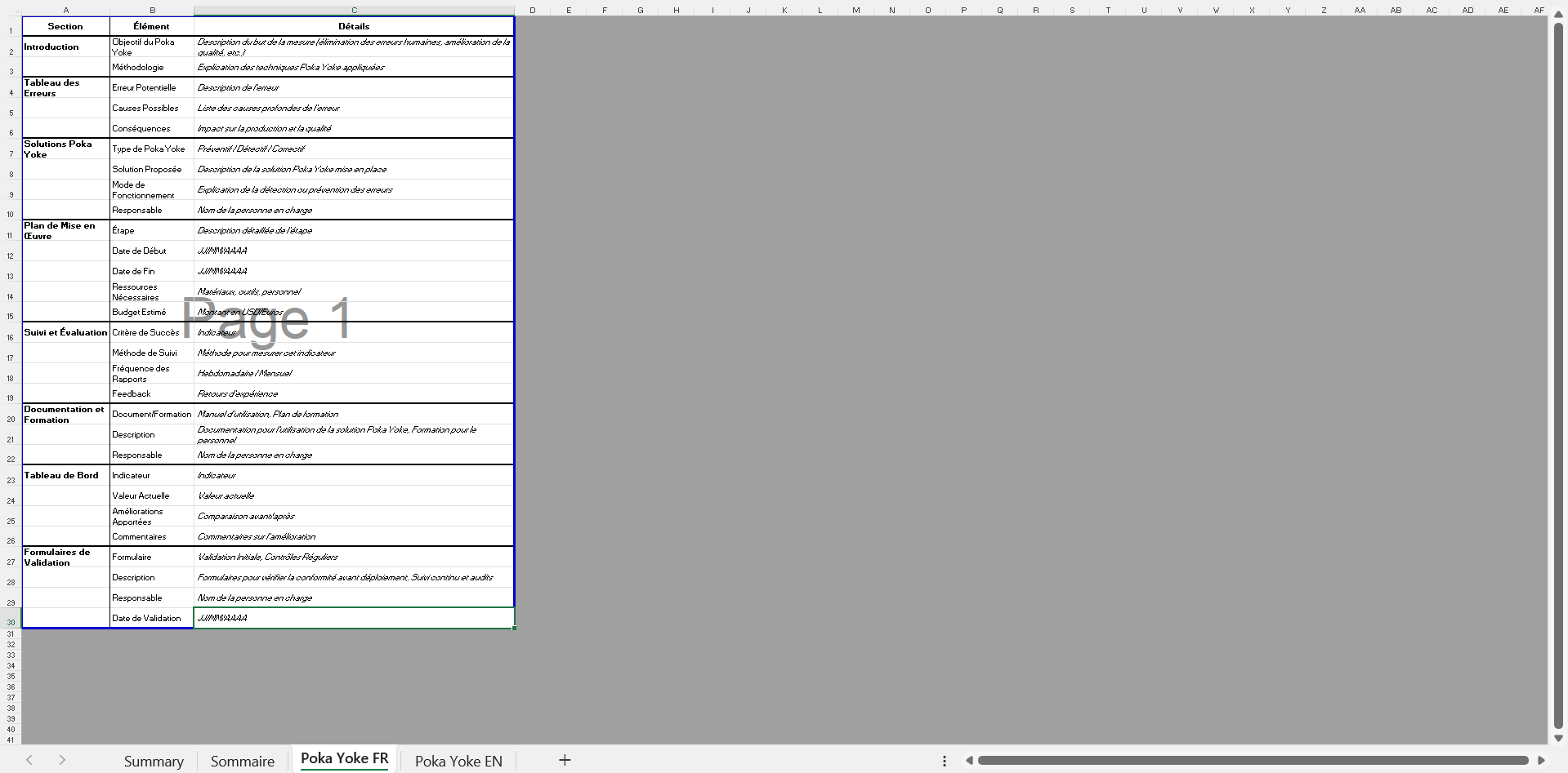 Comprehensive Poka Yoke Excel Sheet for Industrial Use / Feuille Excel Poka Yoke Complète pour Usage Industriel