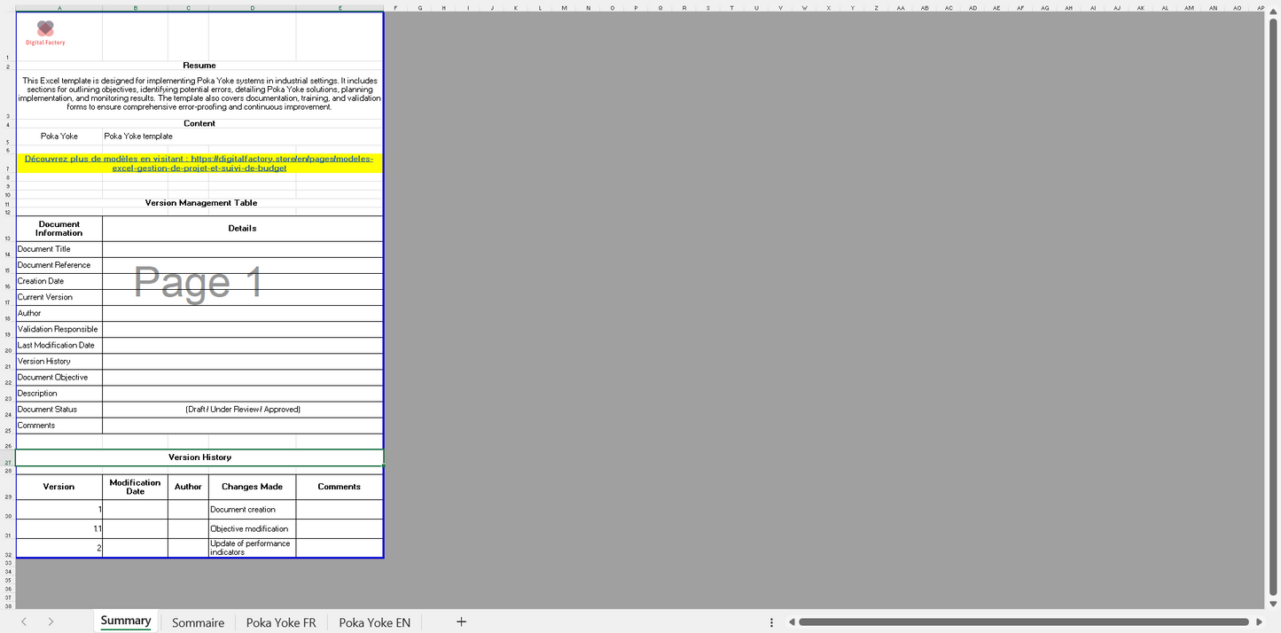 Poka Yoke Implementation Plan - Detailed Excel Template / Plan de Mise en Œuvre Poka Yoke - Modèle Excel Détailé