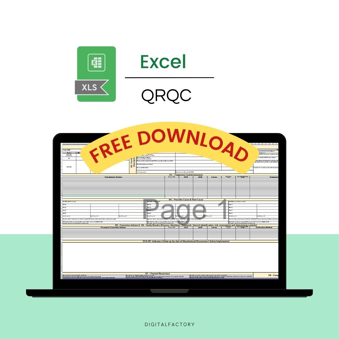 English: "Detailed Excel QRQC Template with labeled steps for quality control" / Français : "Modèle Excel détaillé QRQC avec étapes étiquetées pour le contrôle de qualité"