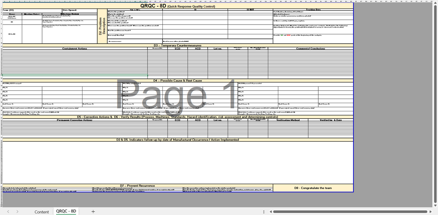 English: "Example of a QRQC corrective action plan in Excel" / Français : "Exemple de plan d'action correctif QRQC dans Excel"