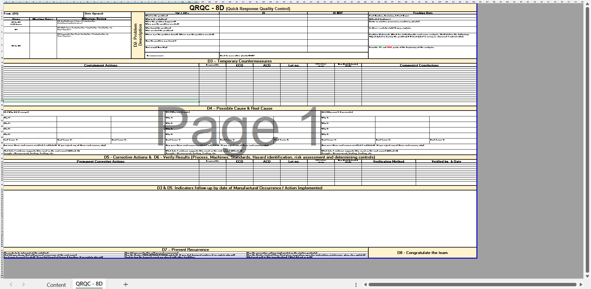 English: "Example of a QRQC corrective action plan in Excel" / Français : "Exemple de plan d'action correctif QRQC dans Excel"