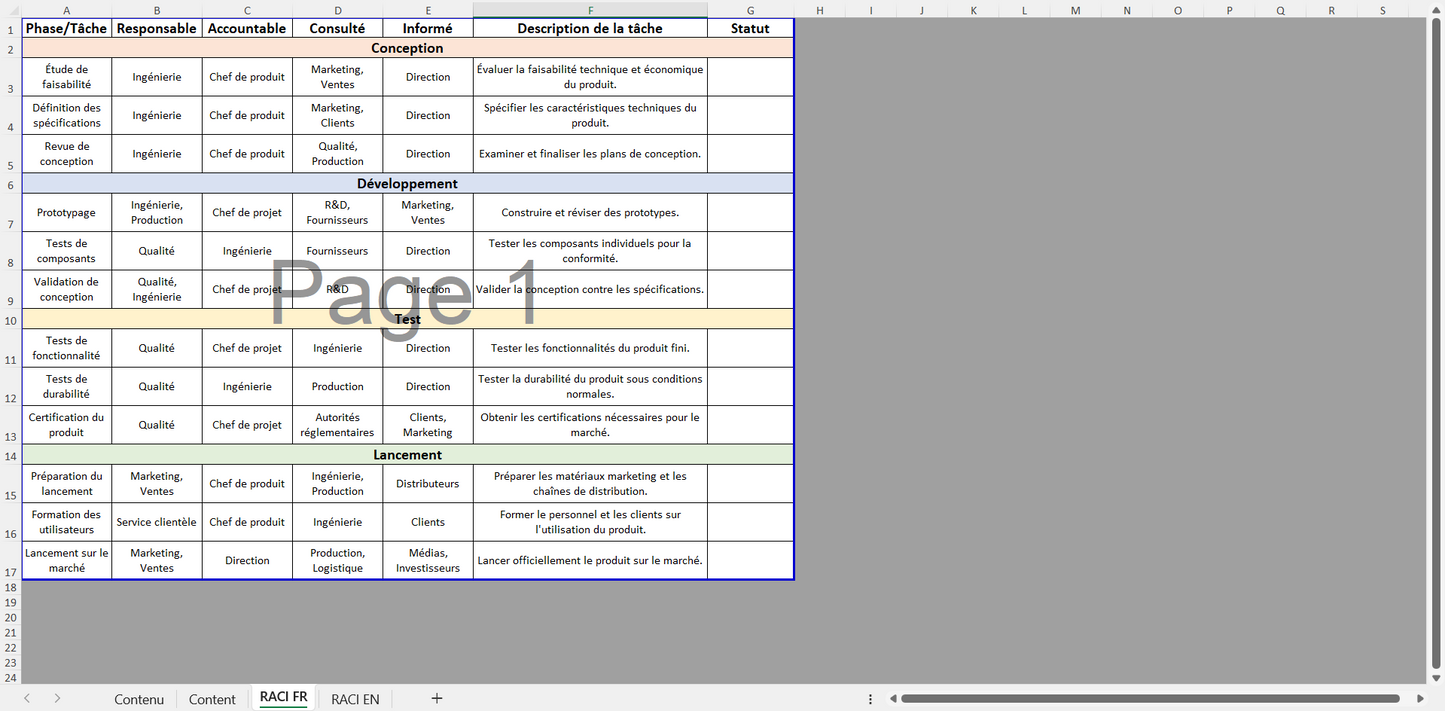 Project management RACI chart in Excel format | Tableau de gestion de projet RACI au format Excel