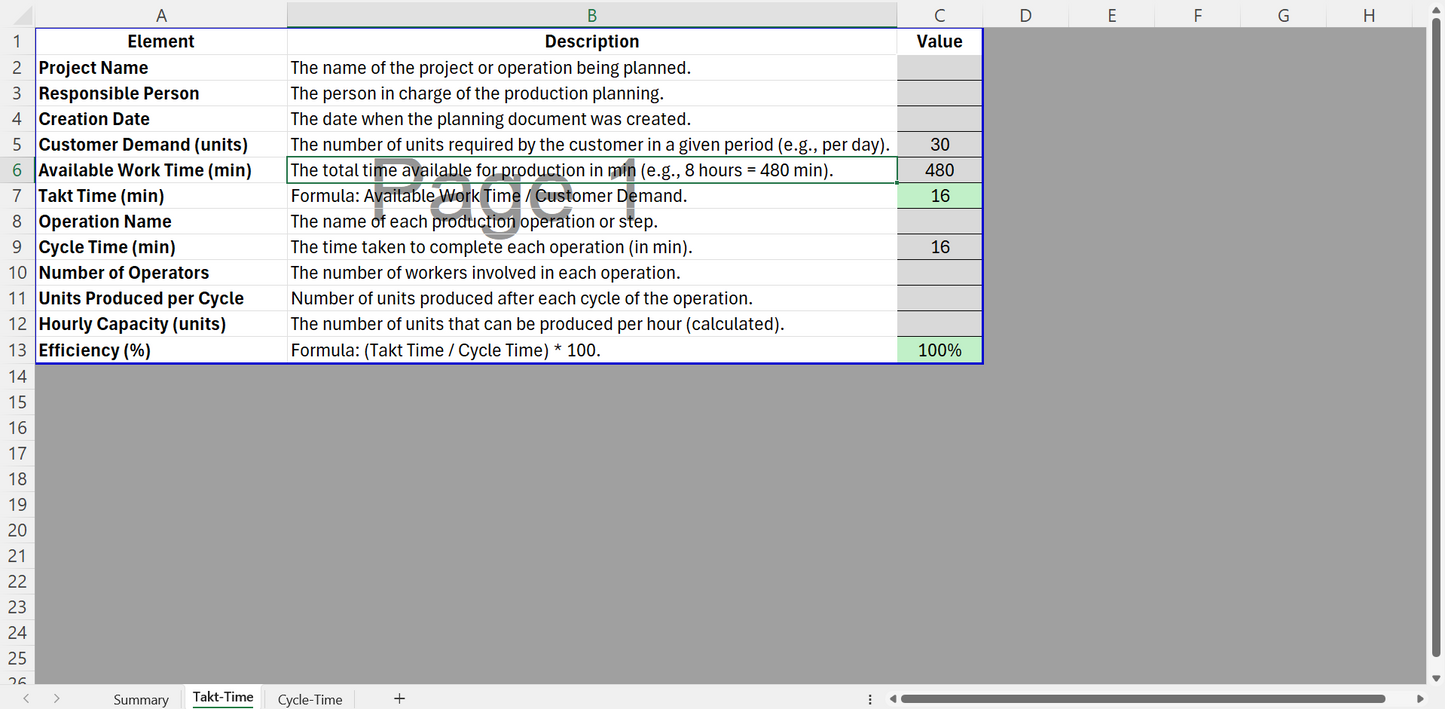 Template Excel pour calculer le Takt Time et planifier le Temps de Cycle avec un Gantt" / "Excel template to calculate Takt Time and plan Cycle Time with a Gantt chart