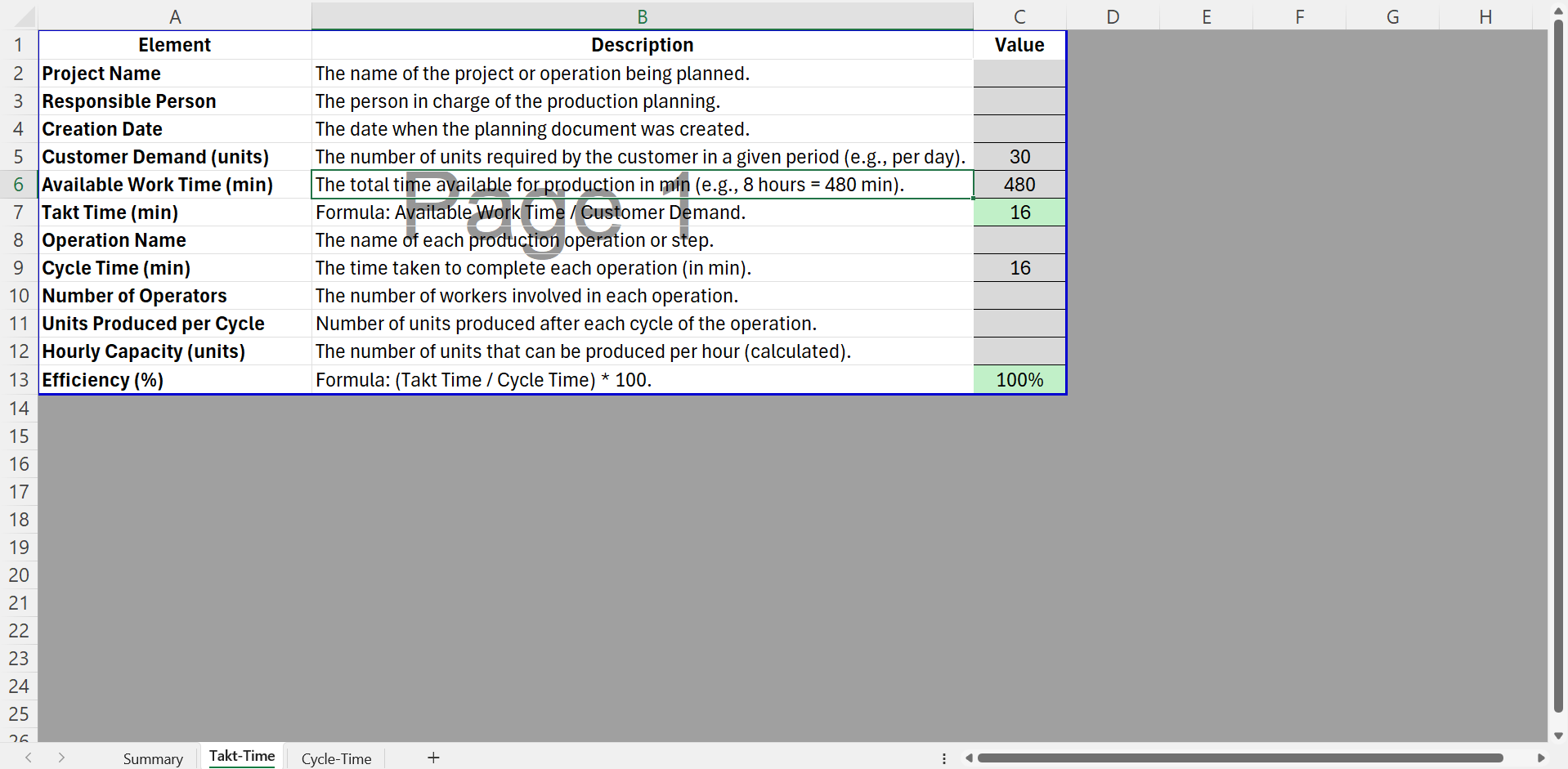 Template Excel pour calculer le Takt Time et planifier le Temps de Cycle avec un Gantt" / "Excel template to calculate Takt Time and plan Cycle Time with a Gantt chart