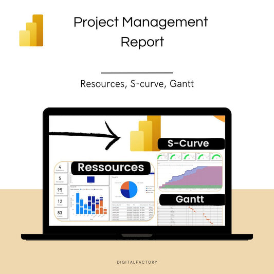 Project management report displaying Gantt chart, S-curve, and resource allocation graphs on a laptop screen.