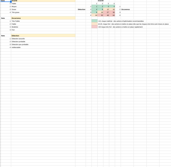 Capture d'écran d'un Excel montrant une Grille de notation d'une AMDEC Processus